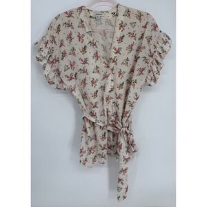 Vakkorama Womens Floral Ruffle Sleeve Wrap Blouse Cream Red Green Size S